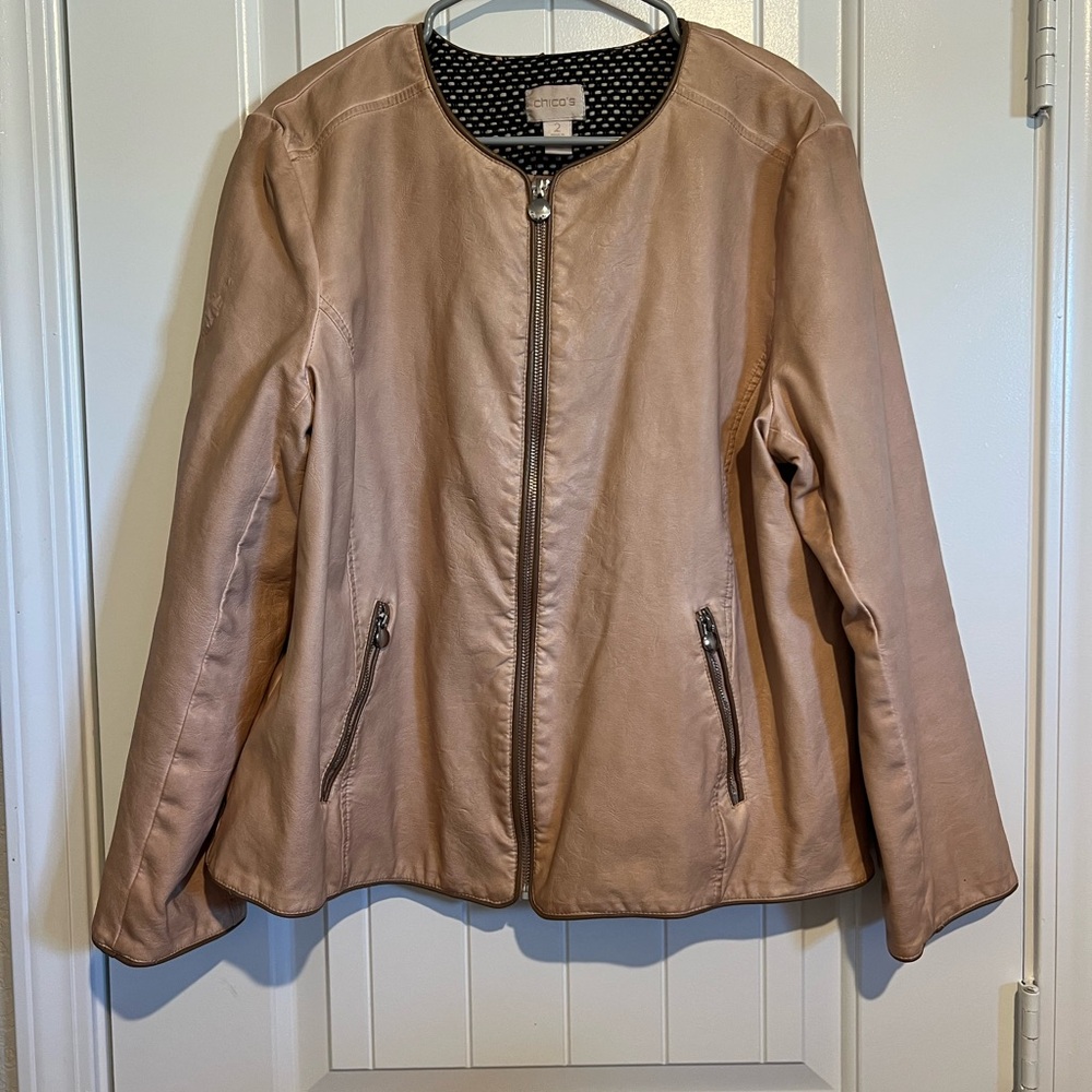 Chico's Beige Leather Jacket with Zippered Pockets